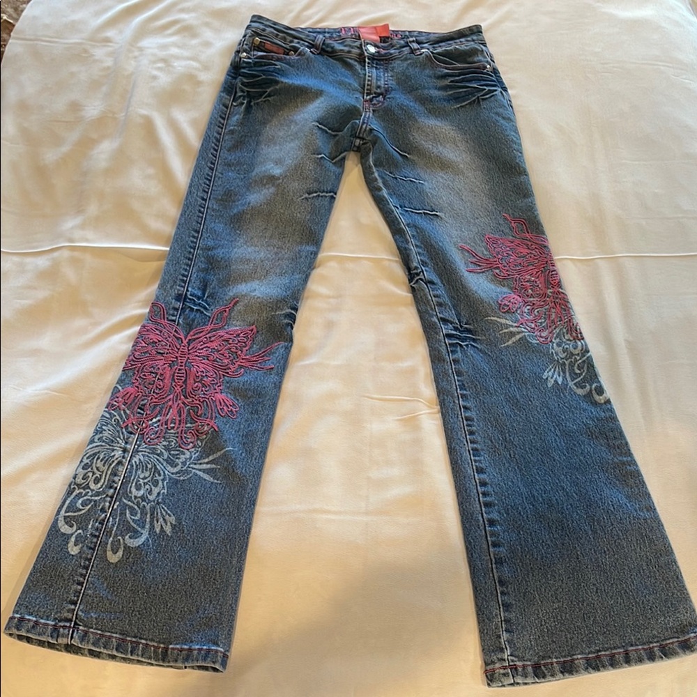 Amazing Embroidered Boot Leg Jeans with Butterfly Embellishments